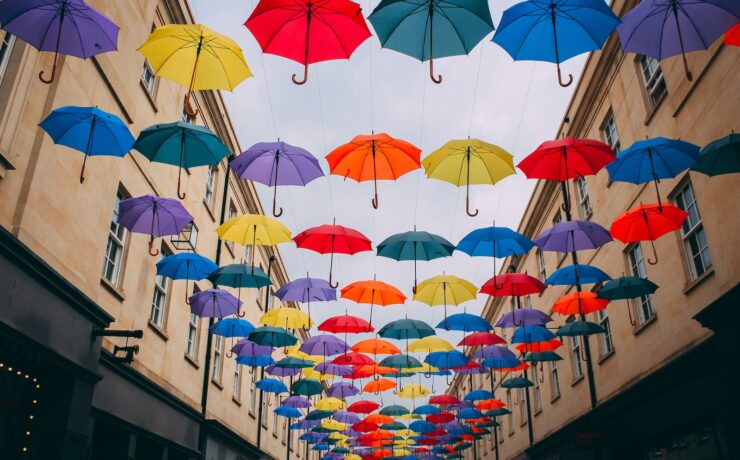 assorted-color floating umbrella lot near building