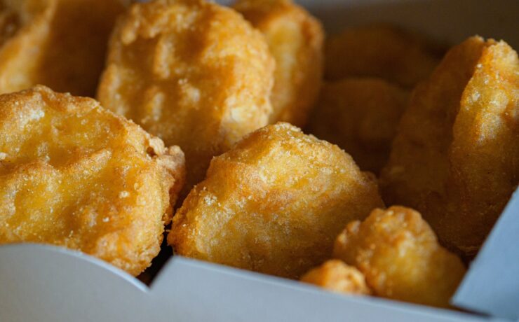 biscuits bruns sur assiette en céramique blanche nuggets poulet